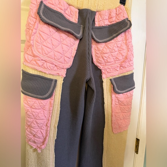 Nwot pol quilted pink grey wide leg sweatpants casual spring fp cargo jogger $95 - Picture 5 of 5